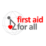 Logo der Initiative first aid for all. Dabei ist ein Strichmensch zu sehen, der kniet und sich auf einem roten Herzsymbol abstützt. Im Hintergrund sieht man die Schemen eines Globus.