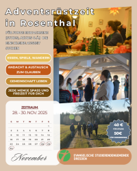 40 Euro für Studis, 50 Euro für Verdienende. Im rechten Teil des Bildes sieht man Bilder von der letzten Adventsrüstzeit in Rosenthal